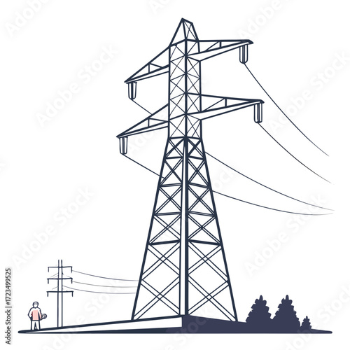 A solitary figure stands near a small utility pole with a towering transmission tower and power lines stretching across a white background
