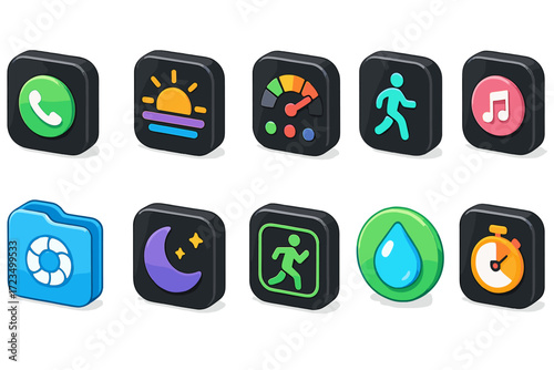 Essential daily activities 3d icon set. productivity, health, fitness, communication icons