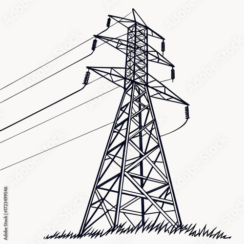 A stark black and white line drawing of a tall intricate metal electricity pylon standing in a field of grass
