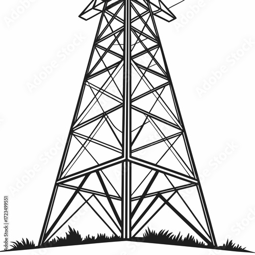 A stark black and white illustration of a tall electricity pylon standing on a grassy field against a white background