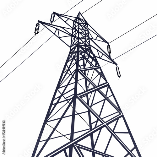 A stark dark blue silhouette of a tall electricity pylon against a clean white background with power lines