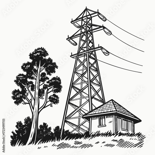 Black and white sketch of a large electricity pylon standing next to a small building and a tall tree
