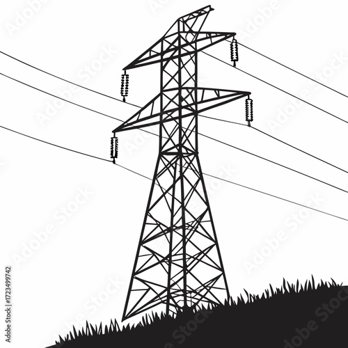 Black silhouette of a high voltage electricity pylon with power lines stretching across a white background