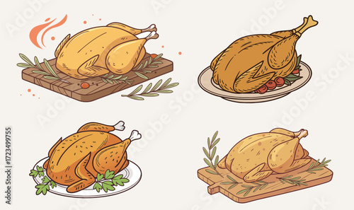 Set Vector illustration of roasted chicken with herbs and garnish. Perfect for food design, restaurant menu, recipe book, or holiday celebration graphics