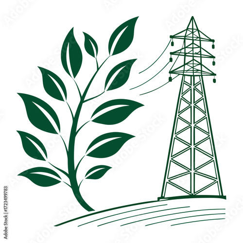 Green energy concept with a growing plant next to an electricity pylon and transmission lines