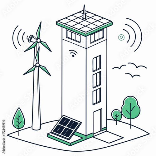 Modern eco friendly building with solar panels and wind turbines generating clean renewable energy