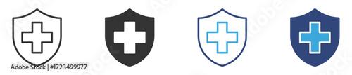 Healthcare icon set. medical cross or plus sign inside a sheild icon