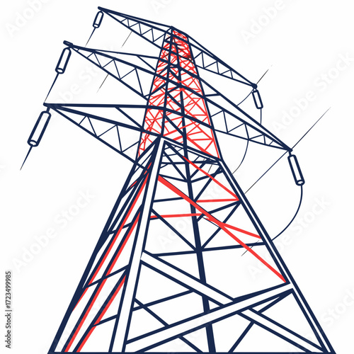 Modern stylized illustration of a high voltage electricity pylon with red accents against a white background