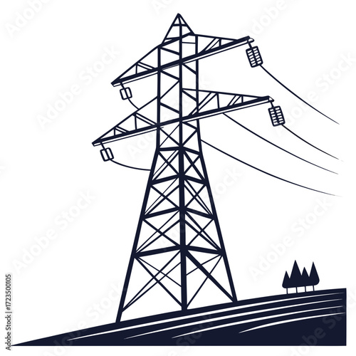 Silhouette of a tall electricity pylon standing on a rolling hill with power lines stretching across the sky