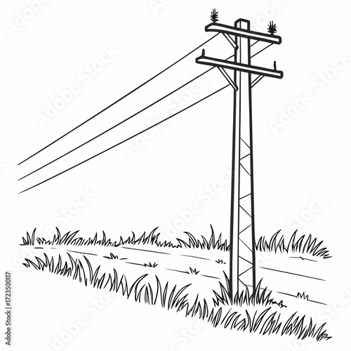 Simple black and white line drawing of a utility pole carrying power lines across a grassy landscape