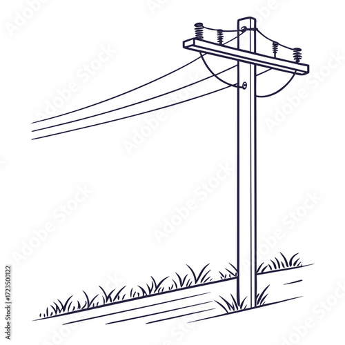 Simple line drawing of a wooden utility pole with electrical wires and grass at the base