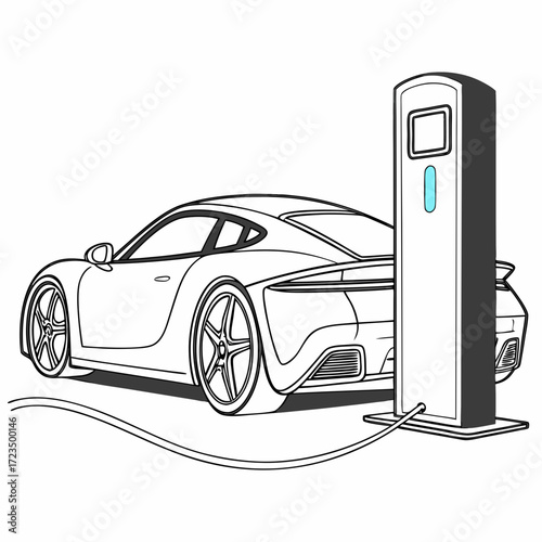 Sleek modern electric sports car connected to a charging station with a glowing blue indicator light