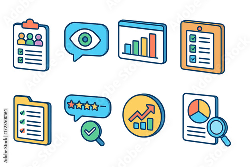 Data analytics flat icon set. charts, reports, and analysis icons collection
