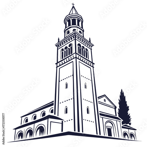 Stylized dark blue silhouette of a tall bell tower with arched windows and a church facade beside it
