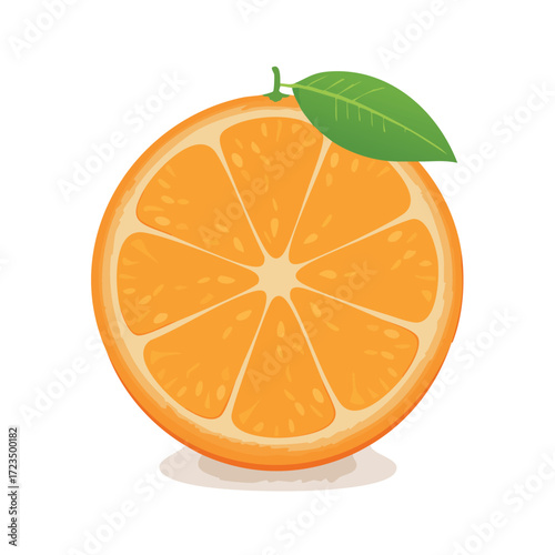 A vibrant, stylized illustration of a sliced orange with a single green leaf, presented against a clean white background.