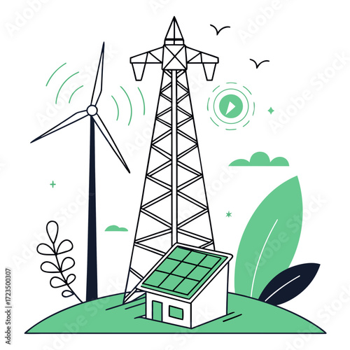 Sustainable energy sources including a wind turbine and solar panel powering a modern home with a power line tower