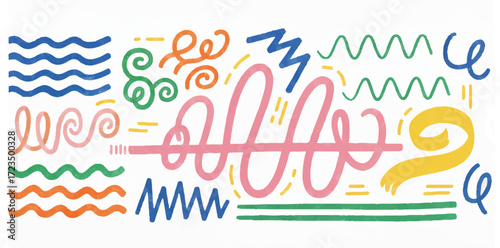 Collection colorful bold curved lines with loops isolated on white. Hand drawn bold grunge wavy and swirled brush strokes. Simple childish vector scribbles and squiggles. Creative trendy style design.