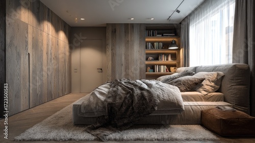 Cozy neutral bedroom with large fabric bed, modern decor, wardrobe, subtle wood tones, and ultra realistic daylight textures