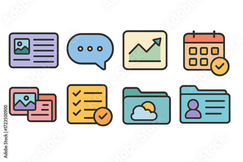 Business and communication icon set. flat style icons for productivity and organization.