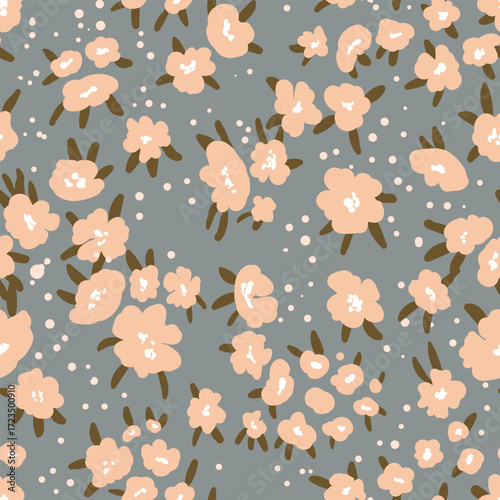 Seamless floral pattern based on traditional folklor art ornaments. Colorful flowers on color background. Scandinavian style. Sweden nordic style. Vector illustration. Simple minimalistic pattern.