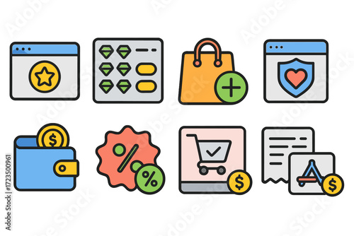 Shopping and ecommerce flat icon set for online store and retail apps
