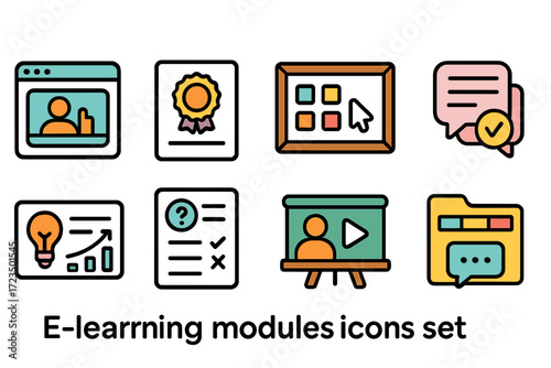 E-learning modules icon set. online education, courses, and study icons flat collection.