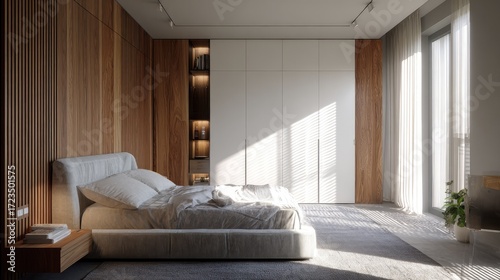 Minimalist apartment bedroom design with large fabric bed, wood-paneled accents, modern wardrobe, and natural light highlighting clean details