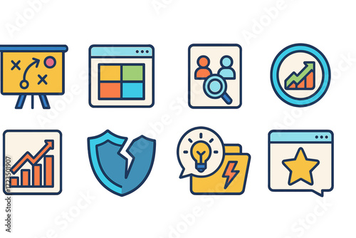 Business and strategy flat icon set. planning, analytics, and growth icons collection