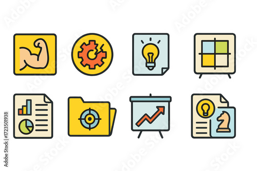 Business strategy flat icon set. analysis, planning, success, productivity icons
