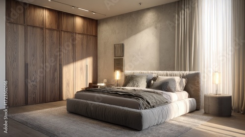 Minimalist chic bedroom with large upholstered bed, neutral palette, wood-accented wardrobe, lamps, and elegant soft lighting