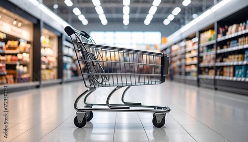 An empty shopping cart sits in a brightly lit supermarket aisle, representing consumerism, retail business, and grocery purchasing