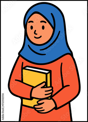 Flat vector of a young muslim girl student in hijab holding book, modern colorful style