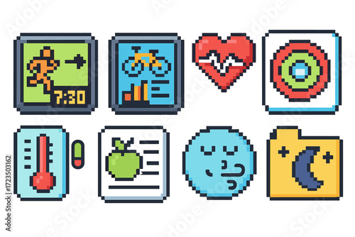 Fitness, health outline icon set. exercise and wellness pixel art collection