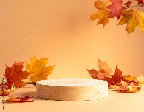 Wooden podium surrounded by autumn leaves with warm orange gradient backdrop.