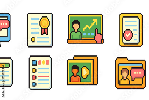 Education and learning icon set. pixel art style for school and study themes