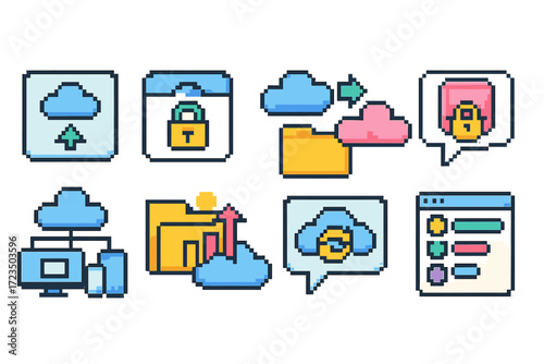 Cloud computing pixel icon set. technology, data, storage pixelated flat icons collection