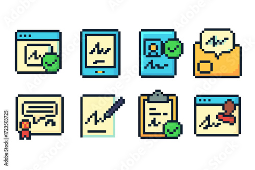 Document, signature pixel art icon set. legal, paperwork icons in pixelated style.