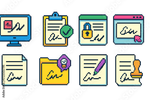 Electronic signature outline icon set. digital, document, security, approval icons collection