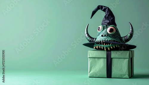 Halloween themed gift box with monster mask studio setting product photography festive vibe close-up view unique concept