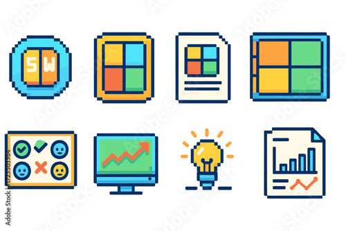 Business and analytics flat icon set. data tracking, charts, reports in flat style.