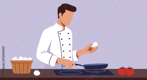 Vector illustration a male chef is holding an egg and wants to continue cooking an omelet