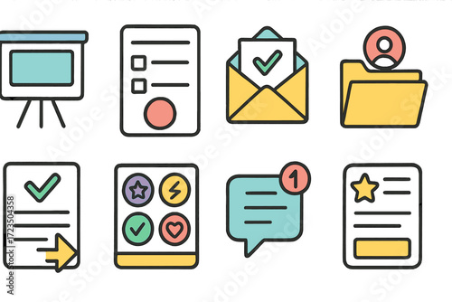 Business, office communication flat icon set. messaging, documents, collaboration icons
