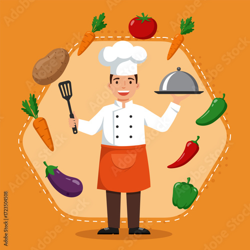 A cheerful cartoon chef in a hat and uniform prepares a delicious meal with fresh vegetables in a restaurant kitchen illustration