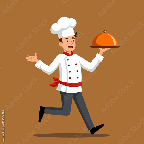 Vector illustration a chef is rushing to deliver food to his customers