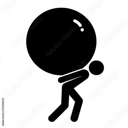 Person carrying a heavy boulder vector icon. Concept for burden, responsibility, and stress.
