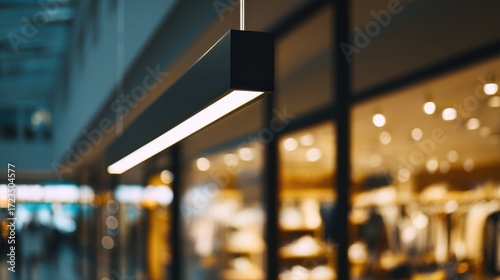 Medium shot of a sleek LED light fixture glowing warmly above a retail display sharply focused with the softly blurred background emphasizing energyefficient ambiance.