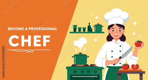 This vector cartoon illustration concept with a woman chef holding a knife and tomato