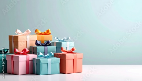 Gift presentation at home colorful wrapped boxes photography minimalist environment close-up view celebration concept
