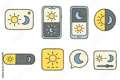 Day and night icon set in outline style. sun and moon outline icon collection