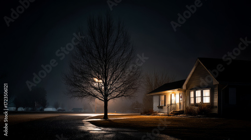 Wallpaper Mural A desolate Christmas night, with one light shining in an otherwise dark house. Loneliness during Christmas holidays with copy space, holiday contrast, aging, and emotional storytelling Torontodigital.ca